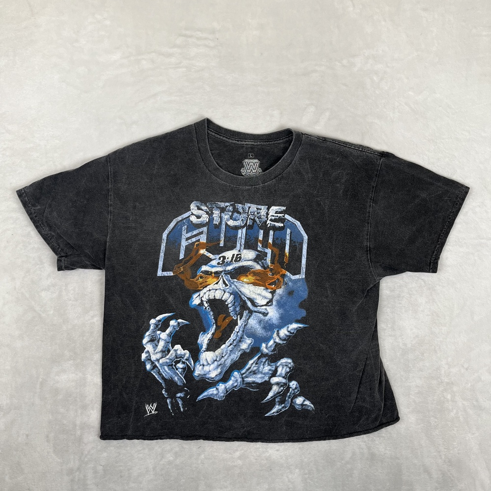 Stone Cold WWE T-Shirt Womens Large Cropped Black Skull Wrestling Double Sided